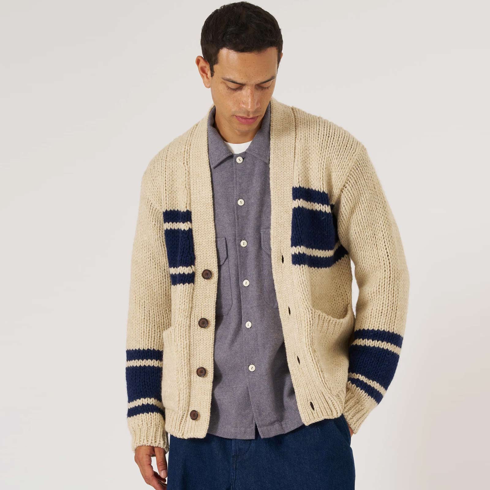 Langdale Chunky knit Stripe Cardigan sand - Image 3